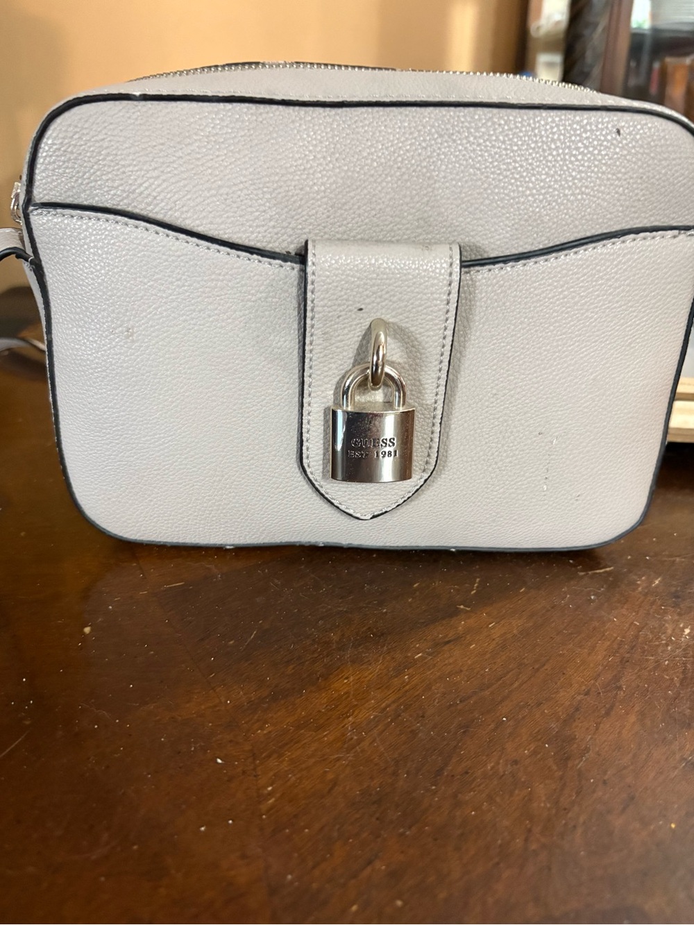 Guess Taupe Crossbody Camera Bag Gold Hardware Adjustable Strap
